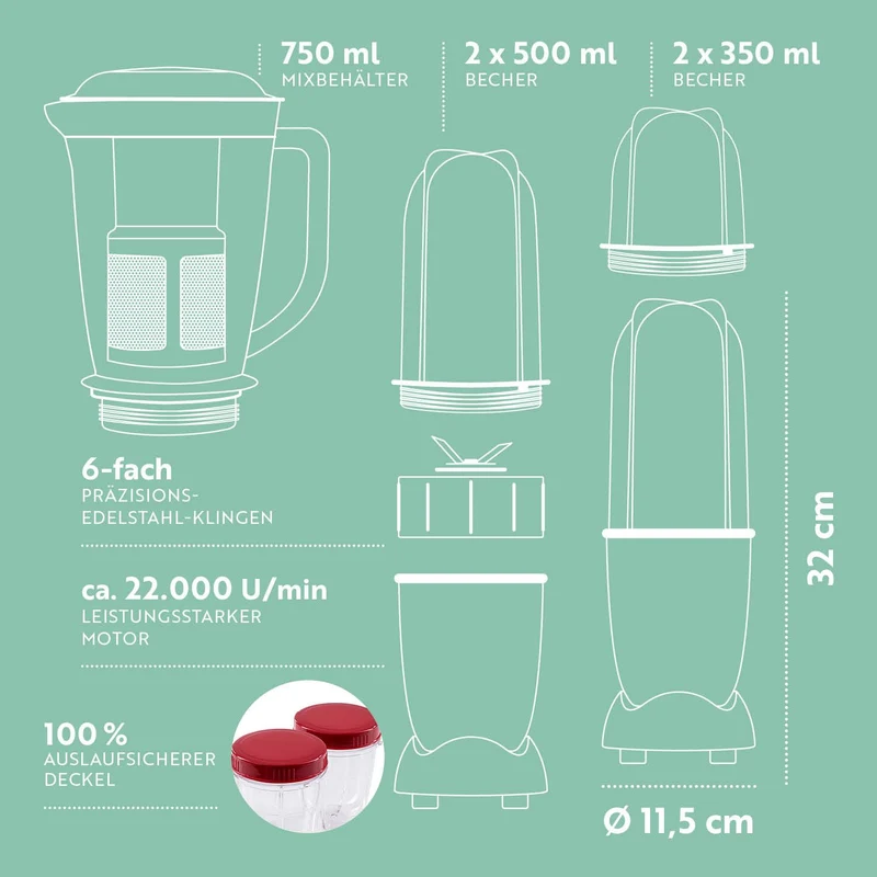 GOURMETmaxx Mr. Magic Mixer | Smoothie Maker mit XXL-Zubehörpaket | Standmixer 18-tlg. | Blender mit auslaufsicheren Frischhaltedeckeln | Food Processor für Shakes, Smoothies etc.