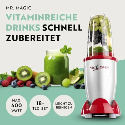 GOURMETmaxx Mr. Magic Mixer | Smoothie Maker mit XXL-Zubehörpaket | Standmixer 18-tlg. | Blender mit auslaufsicheren Frischhaltedeckeln | Food Processor für Shakes, Smoothies etc.