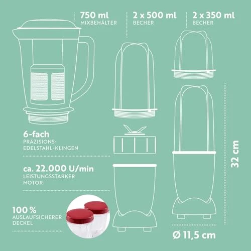 GOURMETmaxx Mr. Magic Mixer | Smoothie Maker mit XXL-Zubehörpaket | Standmixer 18-tlg. | Blender mit auslaufsicheren Frischhaltedeckeln | Food Processor für Shakes, Smoothies etc.