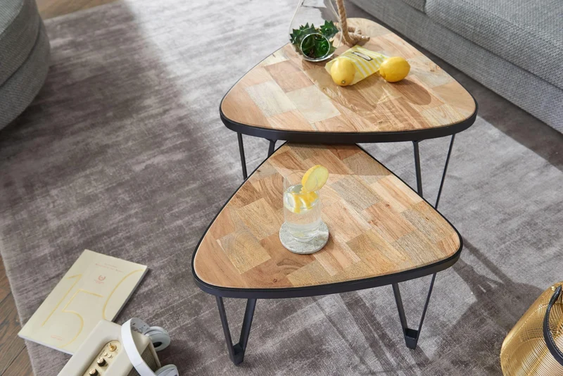 FineBuy Couchtisch 2er Set 60x60x45 cm Massivholz Dreieckig, Satztisch