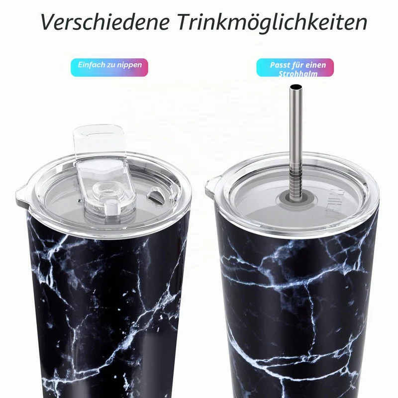 Thily Thermobecher aus Edelstahl, vakuumisoliert, 780 ml, Kaffeetasse mit 2 Deckeln und Strohhalmen, spritzwassergeschützt, hält Eisgetränke kalt, schwarzer Marmor