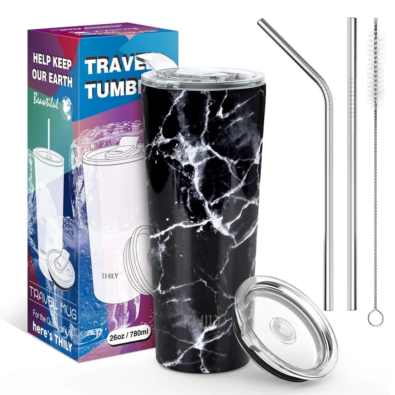 Thily Thermobecher aus Edelstahl, vakuumisoliert, 780 ml, Kaffeetasse mit 2 Deckeln und Strohhalmen, spritzwassergeschützt, hält Eisgetränke kalt, schwarzer Marmor