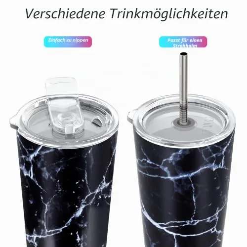 Thily Thermobecher aus Edelstahl, vakuumisoliert, 780 ml, Kaffeetasse mit 2 Deckeln und Strohhalmen, spritzwassergeschützt, hält Eisgetränke kalt, schwarzer Marmor