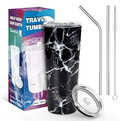 Thily Thermobecher aus Edelstahl, vakuumisoliert, 780 ml, Kaffeetasse mit 2 Deckeln und Strohhalmen, spritzwassergeschützt, hält Eisgetränke kalt, schwarzer Marmor