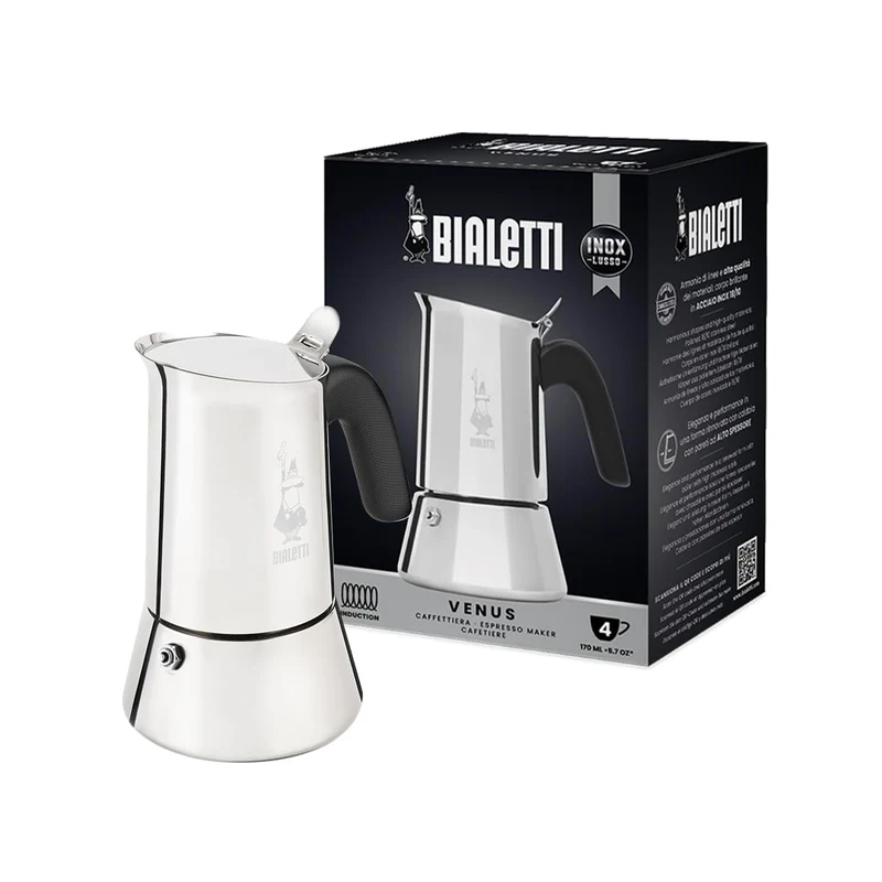 Bialetti - Neue italienische Espressomaschine Venus Induction aus Edelstahl, geeignet für alle Arten von Tellern, 4 Kaffeetassen (170 ml), Silber