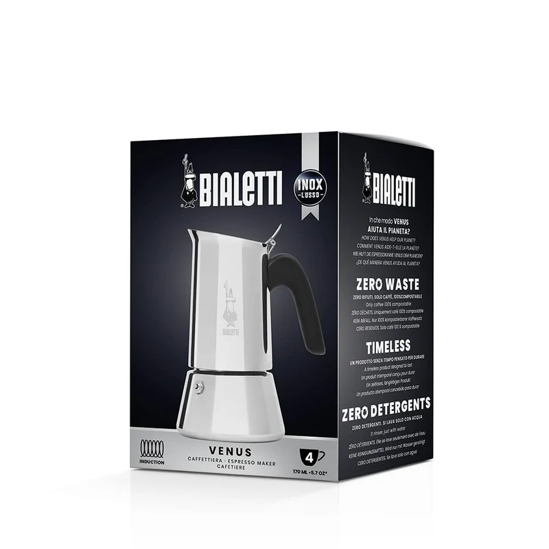 Bialetti - Neue italienische Espressomaschine Venus Induction aus Edelstahl, geeignet für alle Arten von Tellern, 4 Kaffeetassen (170 ml), Silber