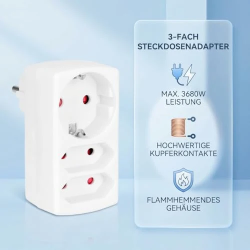 Aigostar Mehrfachsteckdose 3-Fach Steckdosenadapter, 2 Euro +1 Schuko Steckdose Kindersicherung, doppelstecker für steckdose,Weiß