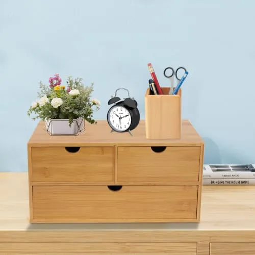 Natürlicher Bambus Schreibtischorganisator mit 3 schubladen, multifunktionale Tischablage für büroutensilien（33 * 19 * 16 cm 2 Züge oben, 1 Zug unten