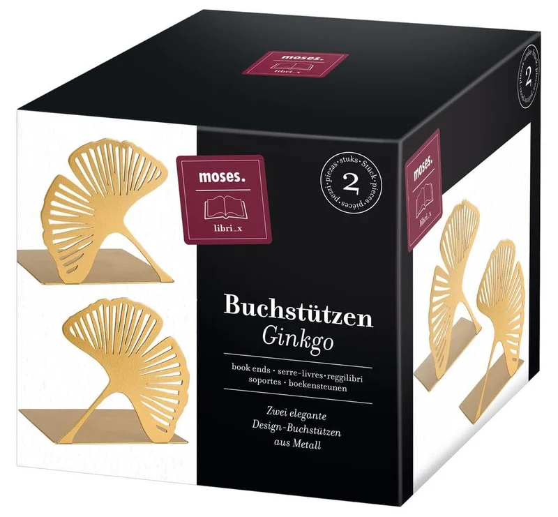 Moses. libri_x Buchstütze Gingko 2er Set, Dekoratives Buchständer-Set aus Metall in Gold, Goldene Buchstützen mit Cut-Out Look