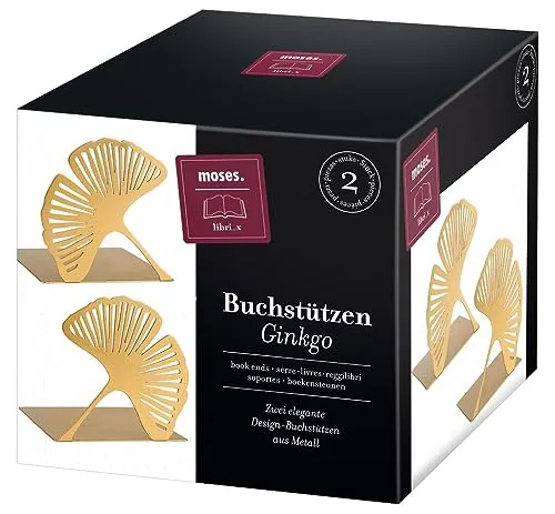 Moses. libri_x Buchstütze Gingko 2er Set, Dekoratives Buchständer-Set aus Metall in Gold, Goldene Buchstützen mit Cut-Out Look