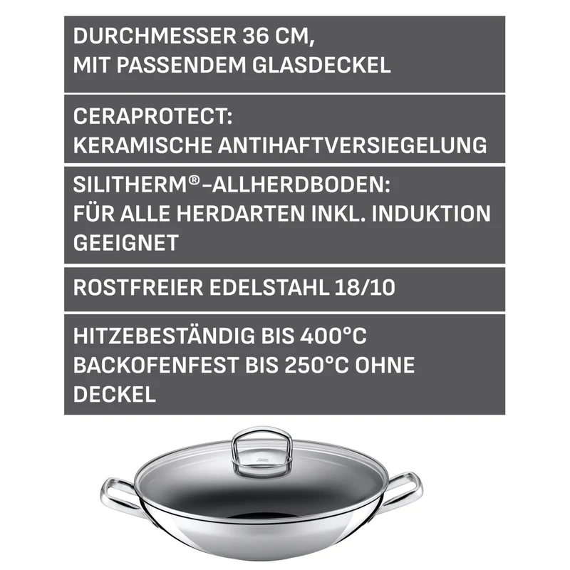 Silit Hongkong Wokpfanne Induktion 36 cm, mit Glasdeckel, CeraProtect keramische Antihaftversiegelung, Edelstahl Wok beschichtet, für alle Herdarten geeignet