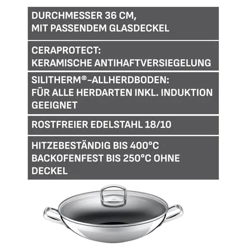 Silit Hongkong Wokpfanne Induktion 36 cm, mit Glasdeckel, CeraProtect keramische Antihaftversiegelung, Edelstahl Wok beschichtet, für alle Herdarten geeignet