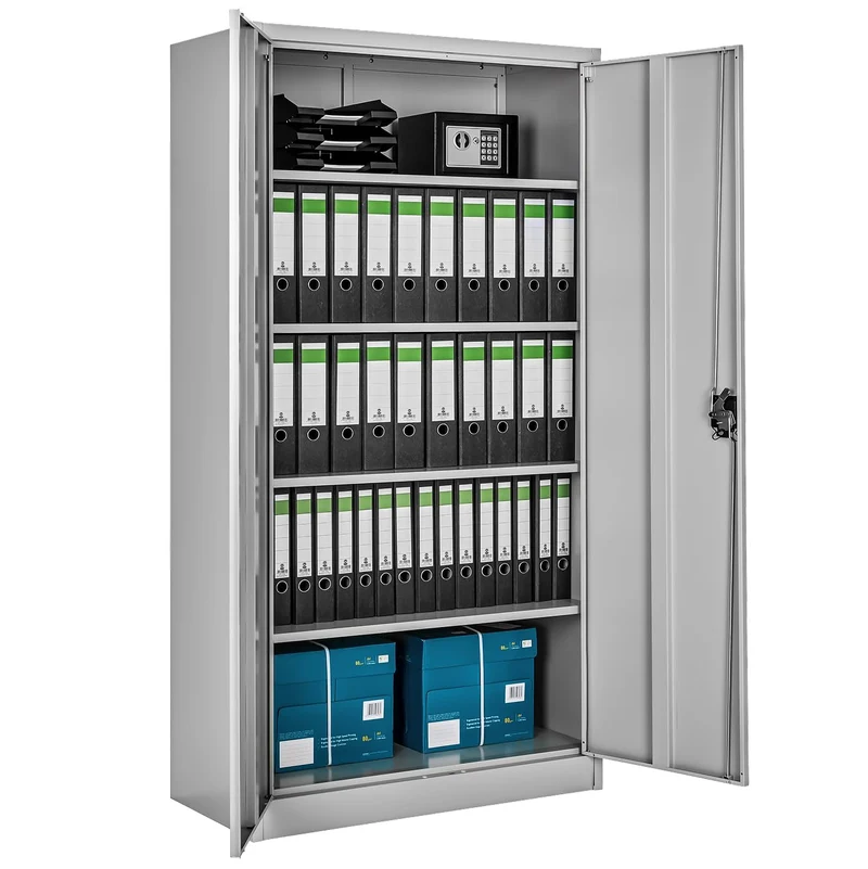 tectake® Aktenschrank, 180 x 90 x 40 cm, Büroschrank abschließbar, Mehrzweckschrank aus Stahl, Allzweckschrank, mit 2 Türen, Ink. 5 höhenverstellbare Einlegeböden, Aktenschrank abschließbar - grau