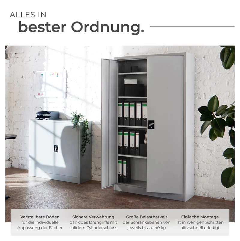 tectake® Aktenschrank, 180 x 90 x 40 cm, Büroschrank abschließbar, Mehrzweckschrank aus Stahl, Allzweckschrank, mit 2 Türen, Ink. 5 höhenverstellbare Einlegeböden, Aktenschrank abschließbar - grau