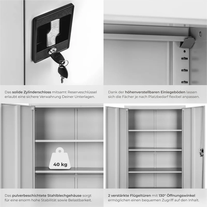 tectake® Aktenschrank, 180 x 90 x 40 cm, Büroschrank abschließbar, Mehrzweckschrank aus Stahl, Allzweckschrank, mit 2 Türen, Ink. 5 höhenverstellbare Einlegeböden, Aktenschrank abschließbar - grau