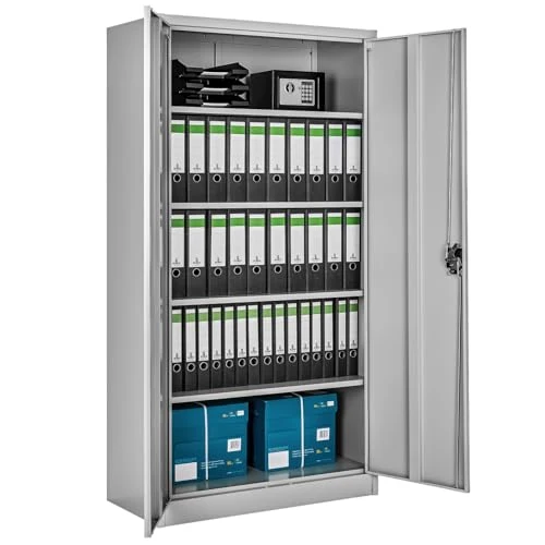 tectake® Aktenschrank, 180 x 90 x 40 cm, Büroschrank abschließbar, Mehrzweckschrank aus Stahl, Allzweckschrank, mit 2 Türen, Ink. 5 höhenverstellbare Einlegeböden, Aktenschrank abschließbar - grau