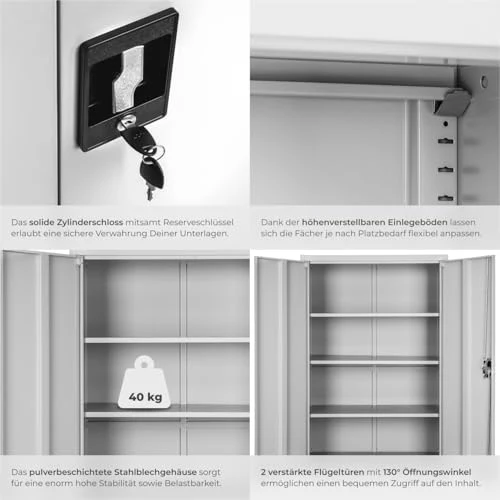 tectake® Aktenschrank, 180 x 90 x 40 cm, Büroschrank abschließbar, Mehrzweckschrank aus Stahl, Allzweckschrank, mit 2 Türen, Ink. 5 höhenverstellbare Einlegeböden, Aktenschrank abschließbar - grau