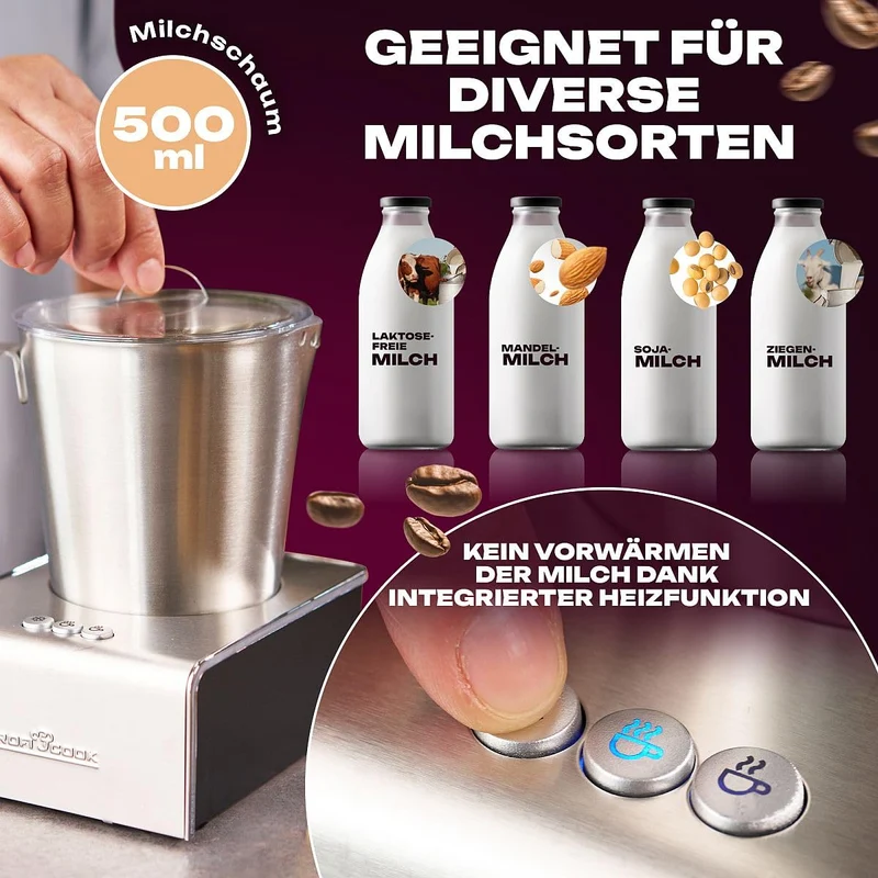 ProfiCook® Milchaufschäumer mit Heiß- und Kaltfunktion | Milchaufschäumer elektrisch mit 6 Funktionen | Milchschäumer für div. Milchsorten geeignet | ca. 500ml Schaum | Edelstahlgehäuse | PC-MS 1032
