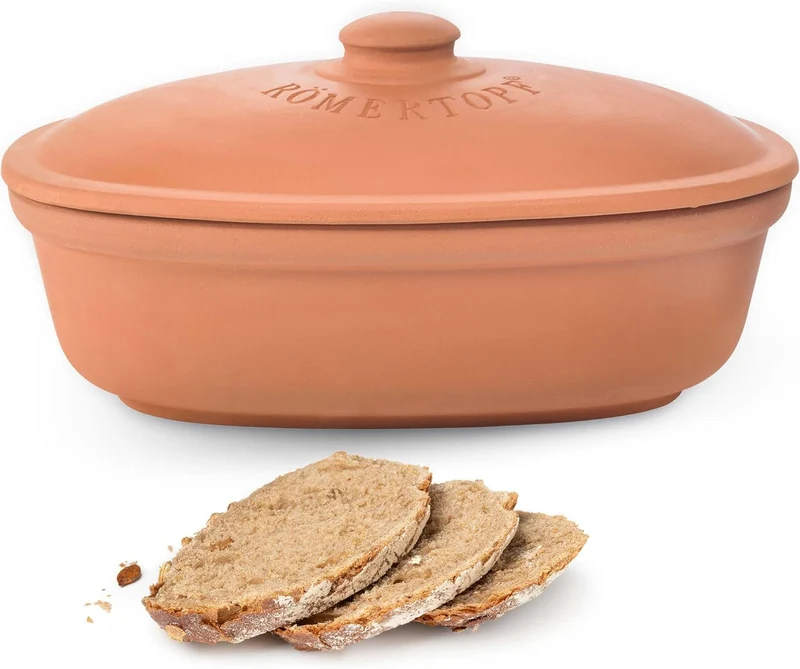 Römertopf Brottopf MAXI Terrakotta – 6,5 L Aufbewahrungsbehälter aus atmungsaktivem Naturton – Brotbox oval mit Deckel – luftdurchlässig & spülmaschinengeeignet