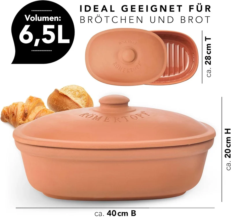 Römertopf Brottopf MAXI Terrakotta – 6,5 L Aufbewahrungsbehälter aus atmungsaktivem Naturton – Brotbox oval mit Deckel – luftdurchlässig & spülmaschinengeeignet