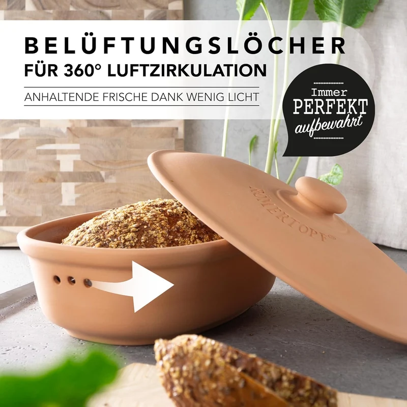 Römertopf Brottopf MAXI Terrakotta – 6,5 L Aufbewahrungsbehälter aus atmungsaktivem Naturton – Brotbox oval mit Deckel – luftdurchlässig & spülmaschinengeeignet