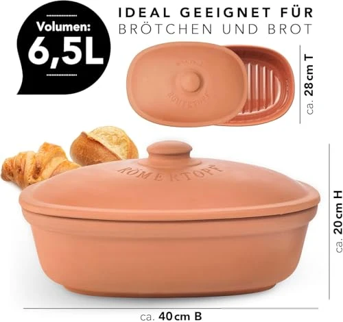 Römertopf Brottopf MAXI Terrakotta – 6,5 L Aufbewahrungsbehälter aus atmungsaktivem Naturton – Brotbox oval mit Deckel – luftdurchlässig & spülmaschinengeeignet
