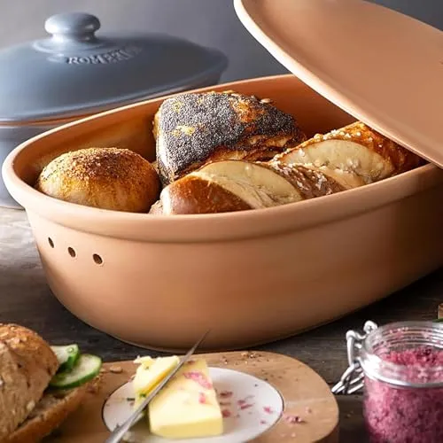 Römertopf Brottopf MAXI Terrakotta – 6,5 L Aufbewahrungsbehälter aus atmungsaktivem Naturton – Brotbox oval mit Deckel – luftdurchlässig & spülmaschinengeeignet