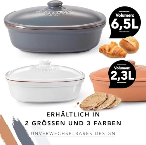 Römertopf Brottopf MAXI Terrakotta – 6,5 L Aufbewahrungsbehälter aus atmungsaktivem Naturton – Brotbox oval mit Deckel – luftdurchlässig & spülmaschinengeeignet