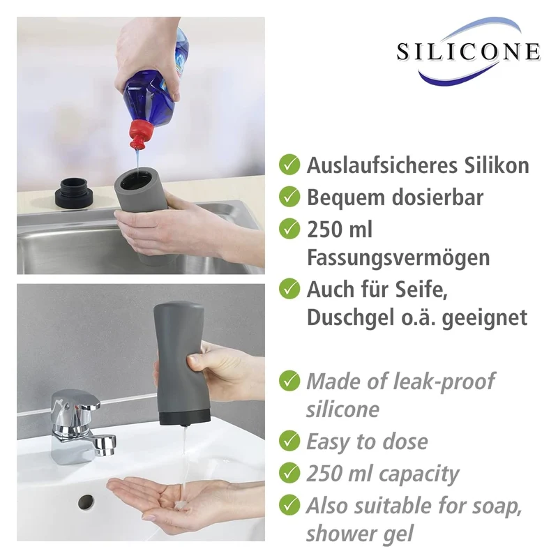 WENKO Spülmittelspender Easy Squeez-e, hochwertiger Spender für Spülmittel in der Küche, einfach Dosierung, Seifenspender aus auslaufsicherem Silikon, Fassungsvermögen 250 ml, Ø 6 x 14 cm, Grau