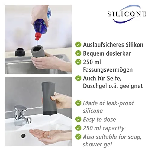 WENKO Spülmittelspender Easy Squeez-e, hochwertiger Spender für Spülmittel in der Küche, einfach Dosierung, Seifenspender aus auslaufsicherem Silikon, Fassungsvermögen 250 ml, Ø 6 x 14 cm, Grau
