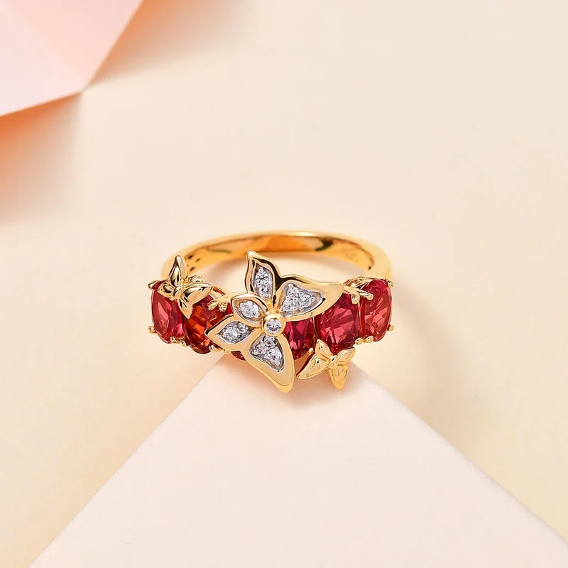 GP Italienischer Garten Kollektion - Lab Grown Padparadscha-Saphir (B), Weißer Zirkon Schmetterling Ring 925 Silber 750 Gelbgold Vermeil ca. 4.09 ct