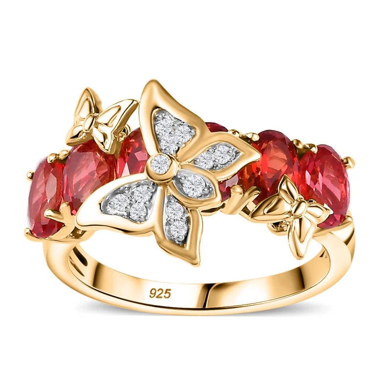 GP Italienischer Garten Kollektion - Lab Grown Padparadscha-Saphir (B), Weißer Zirkon Schmetterling Ring 925 Silber 750 Gelbgold Vermeil ca. 4.09 ct
