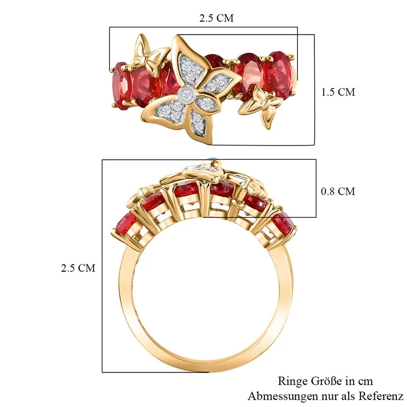 GP Italienischer Garten Kollektion - Lab Grown Padparadscha-Saphir (B), Weißer Zirkon Schmetterling Ring 925 Silber 750 Gelbgold Vermeil ca. 4.09 ct