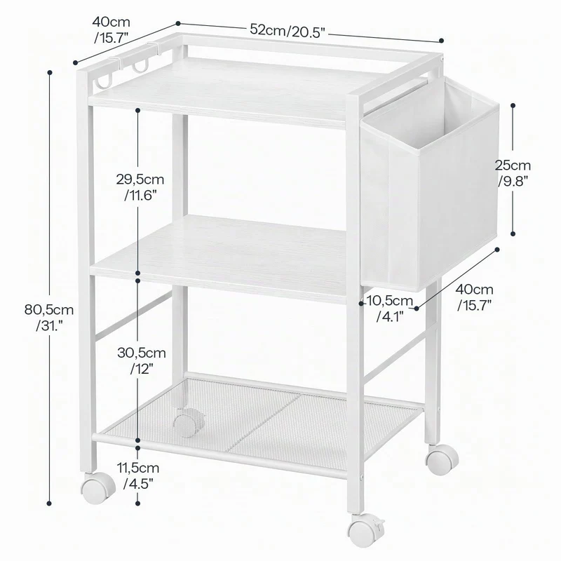 HOOBRO Druckertisch, Druckerständer mit Rollen, 3 Ebenen Druckerwagen, mit Verstellbaren Ablagen und Dokumentenkorb, 52 x 40 x 80,5 cm, für Büro und Zuhause, Weiß