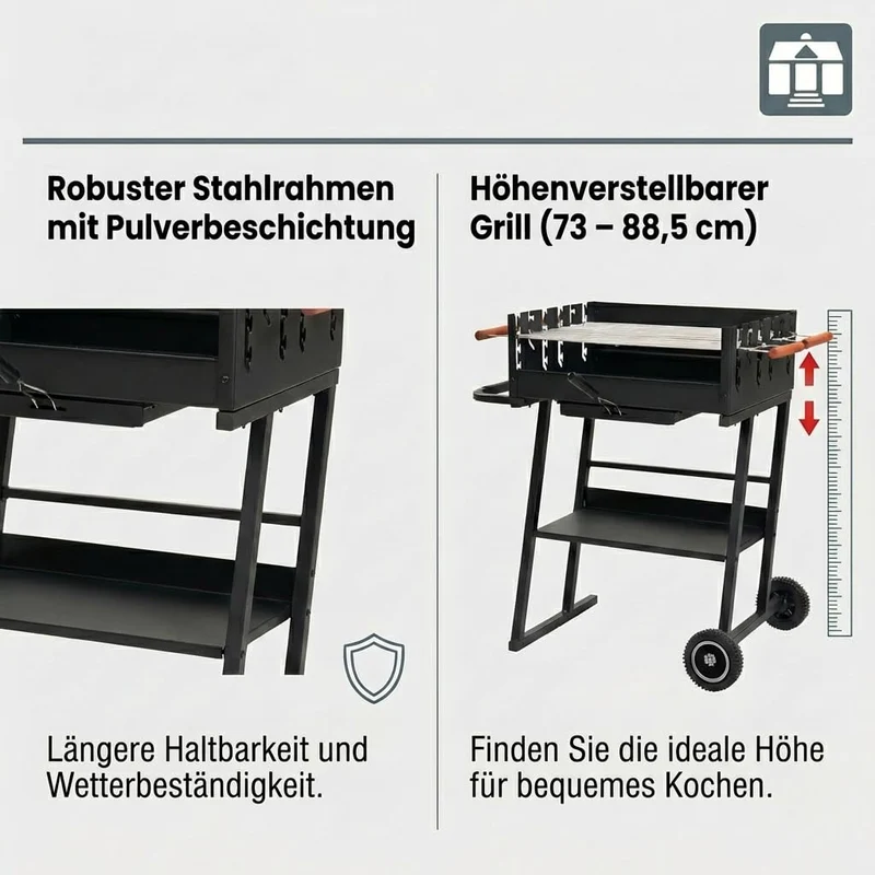 Tarrington House Holzkohlegrill Brigida, Stahl, 2 höhenverstellbare Roste, mit Räder, schwarz