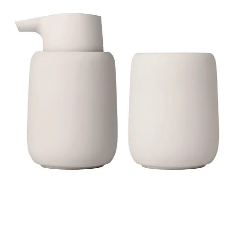 blomus Seifenspender -SONO- 250 ml aus Keramik | Handseifenspender in Beige | Ø8 x 14H cm |Farbe Moonbeam | Flüssigseifenspender mit Pumpkopf