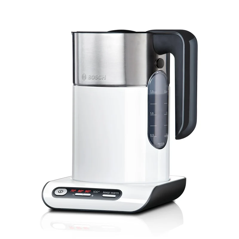 Bosch kabelloser Wasserkocher TWK8611P, Abschaltautomatik, Überhitzungsschutz, Temperaturwahl, Warmhaltefunktion, 1,5 L, 2400 W, weiß