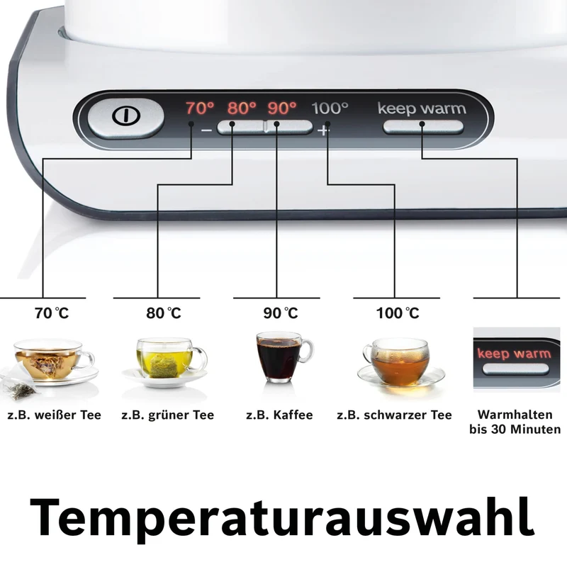 Bosch kabelloser Wasserkocher TWK8611P, Abschaltautomatik, Überhitzungsschutz, Temperaturwahl, Warmhaltefunktion, 1,5 L, 2400 W, weiß