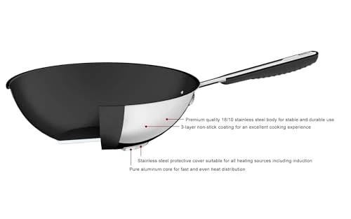 Amazon Basics 3-teiliges Brat- und Wokpfannen-Set mit Antihaftbeschichtung, induktionsgeeignet, mit bequemem Griff, Edelstahl, 24/28/28 cm