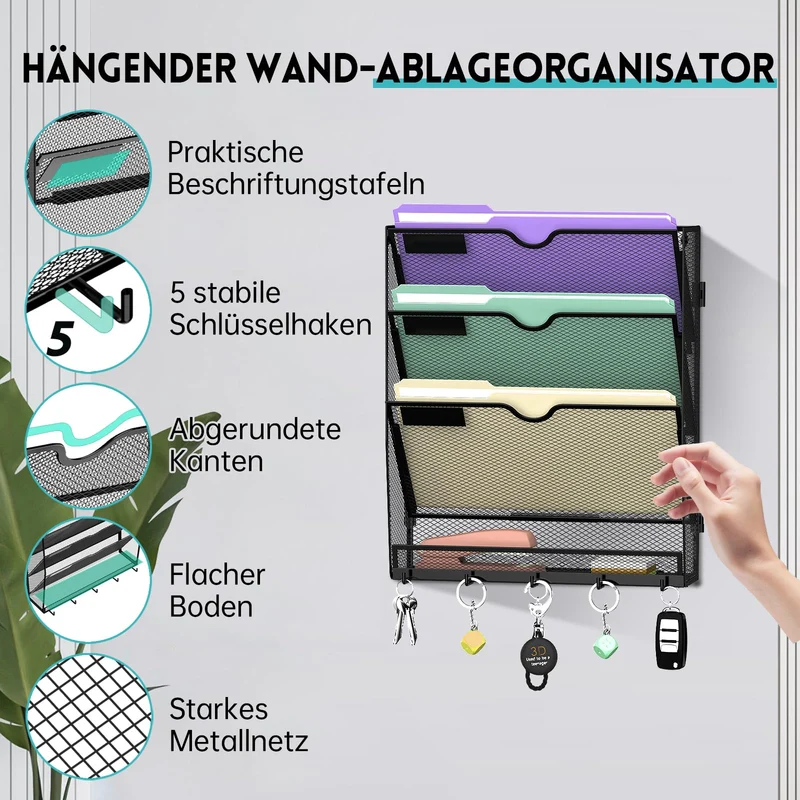 RITOLLO 4 Fächer Metall A4 Zeitschriftenhalter mit 5 Haken, hängender Wandhalter zur Wandmontage, praktischer Wandorganizer für Papier, Ordner, Magazine und Rechnungen, Schwarz