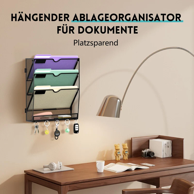 RITOLLO 4 Fächer Metall A4 Zeitschriftenhalter mit 5 Haken, hängender Wandhalter zur Wandmontage, praktischer Wandorganizer für Papier, Ordner, Magazine und Rechnungen, Schwarz