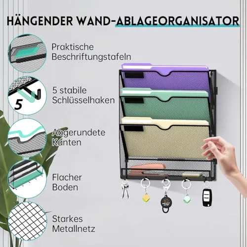 RITOLLO 4 Fächer Metall A4 Zeitschriftenhalter mit 5 Haken, hängender Wandhalter zur Wandmontage, praktischer Wandorganizer für Papier, Ordner, Magazine und Rechnungen, Schwarz