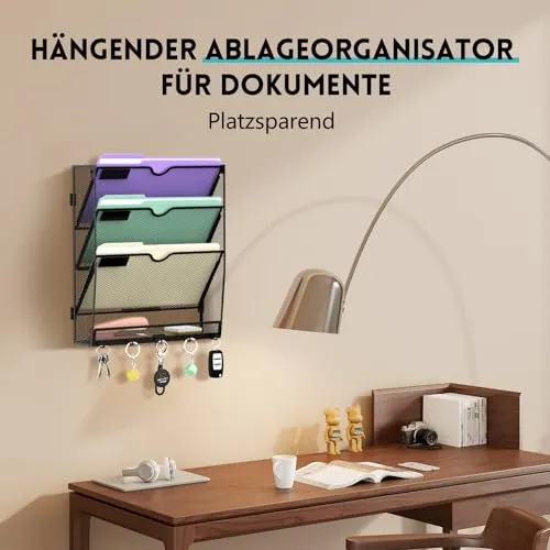RITOLLO 4 Fächer Metall A4 Zeitschriftenhalter mit 5 Haken, hängender Wandhalter zur Wandmontage, praktischer Wandorganizer für Papier, Ordner, Magazine und Rechnungen, Schwarz