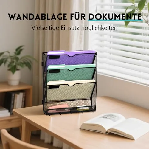 RITOLLO 4 Fächer Metall A4 Zeitschriftenhalter mit 5 Haken, hängender Wandhalter zur Wandmontage, praktischer Wandorganizer für Papier, Ordner, Magazine und Rechnungen, Schwarz