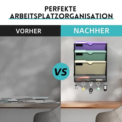 RITOLLO 4 Fächer Metall A4 Zeitschriftenhalter mit 5 Haken, hängender Wandhalter zur Wandmontage, praktischer Wandorganizer für Papier, Ordner, Magazine und Rechnungen, Schwarz