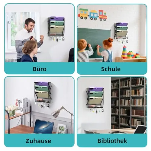 RITOLLO 4 Fächer Metall A4 Zeitschriftenhalter mit 5 Haken, hängender Wandhalter zur Wandmontage, praktischer Wandorganizer für Papier, Ordner, Magazine und Rechnungen, Schwarz