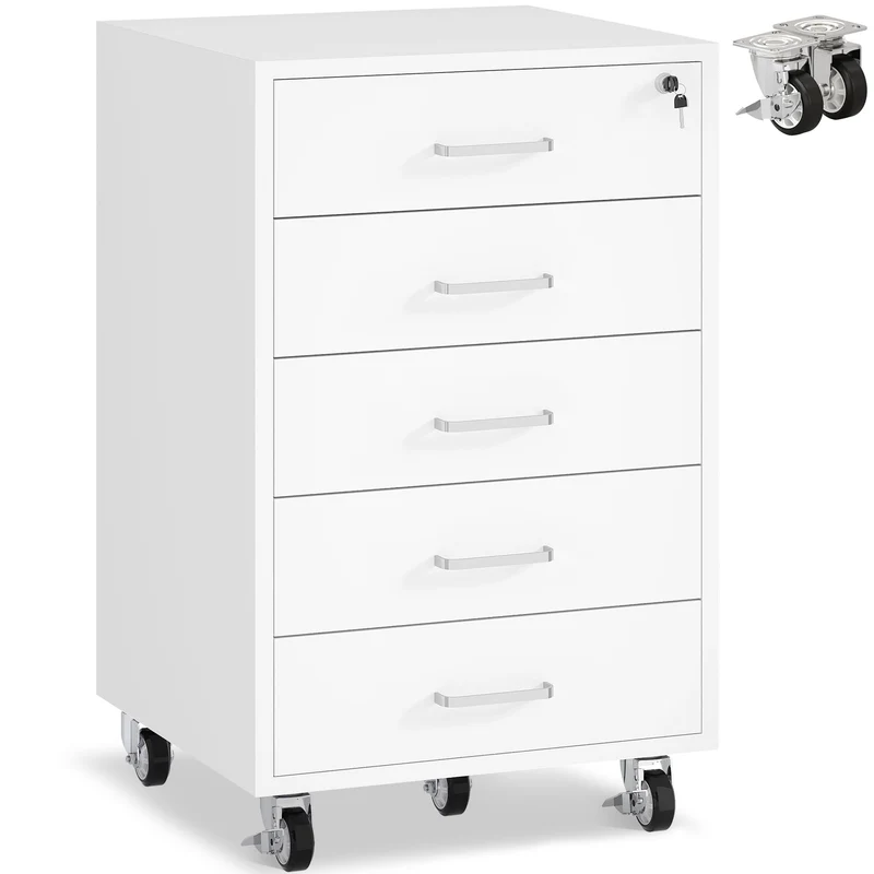 Rollcontainer mit 5 Schubladen, Aktenschrank Mit Schloss Metallrädern
