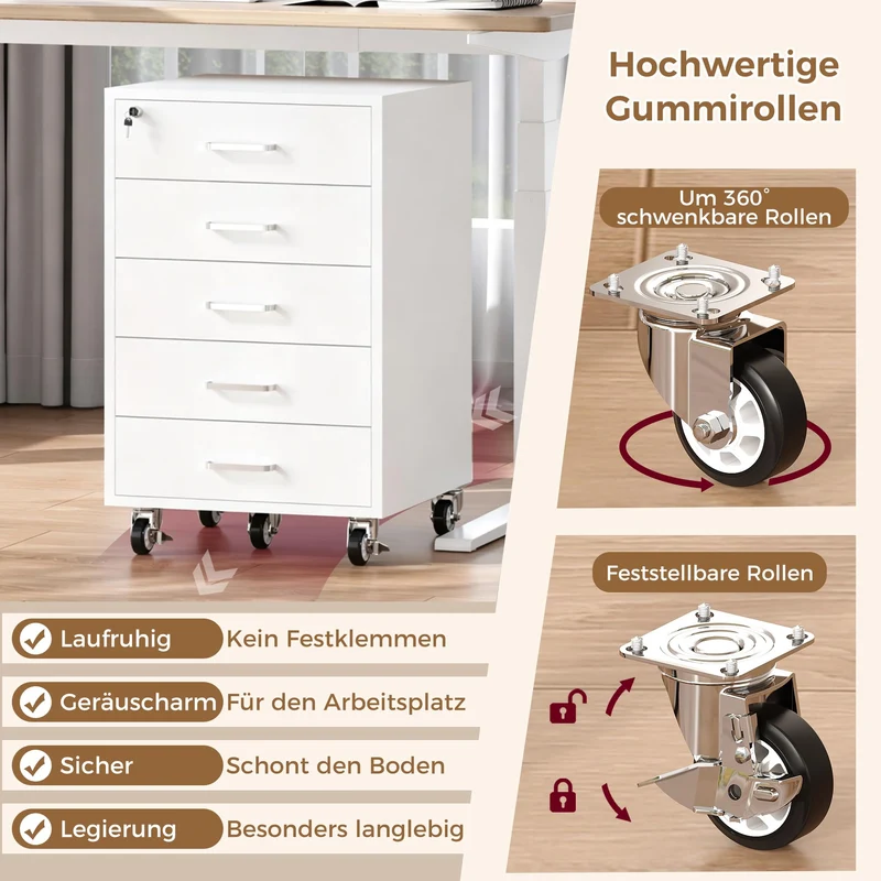 Rollcontainer mit 5 Schubladen, Aktenschrank Mit Schloss Metallrädern