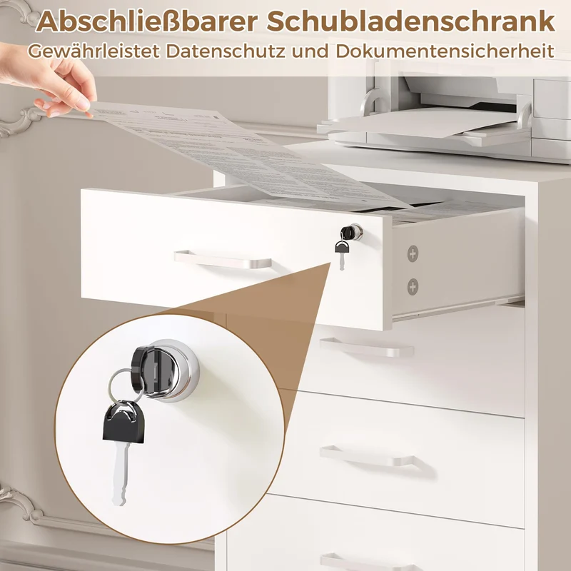 Rollcontainer mit 5 Schubladen, Aktenschrank Mit Schloss Metallrädern