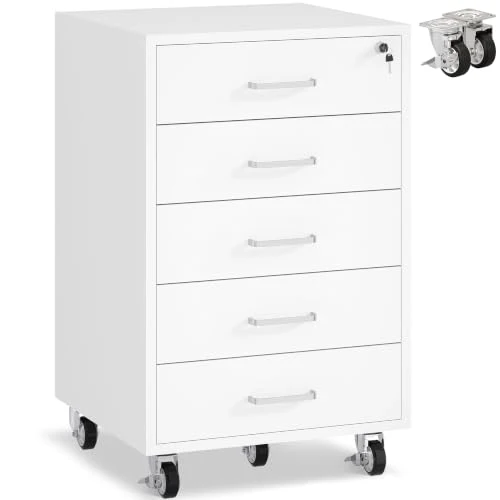 Rollcontainer mit 5 Schubladen, Aktenschrank Mit Schloss Metallrädern